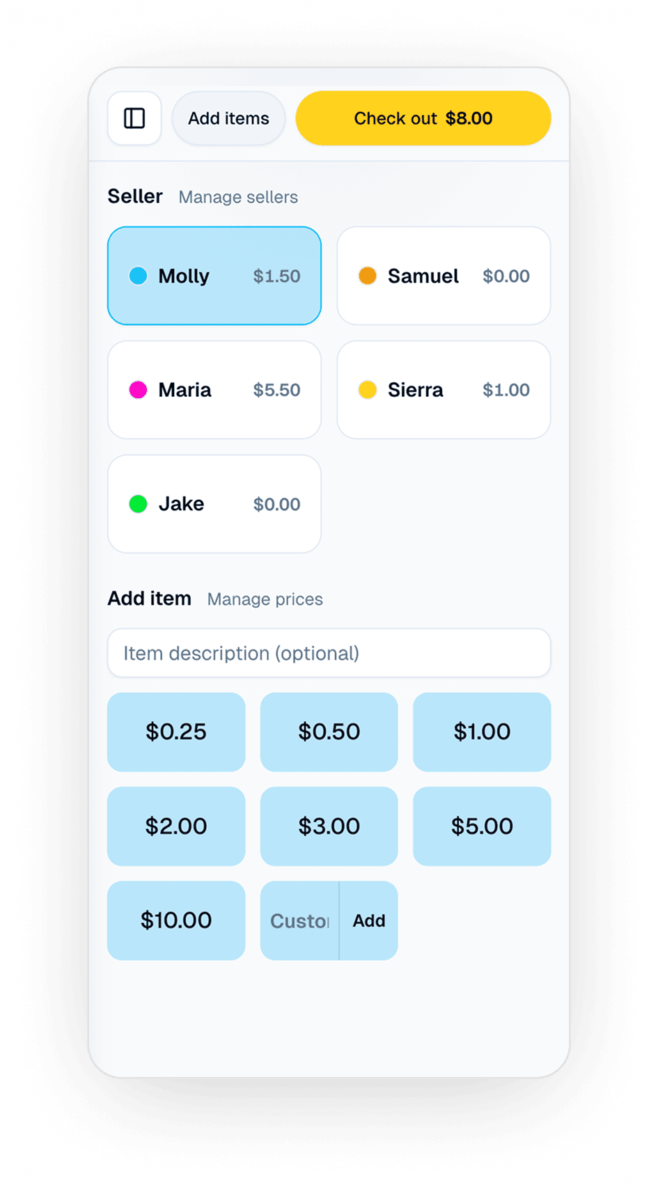 SaleBuddy checkout screen with seller selection and quick item buttons